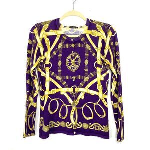 J McLaughlin Purple Gold Button Down Cotton Blend Cardigan Layered Sweater Sz XS